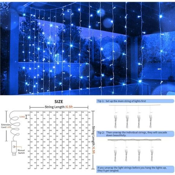 Blue Curtain Fairy String Lights 200 LED USB Remote Wedding Wall Bedroom Decor - Picture 4 of 7
